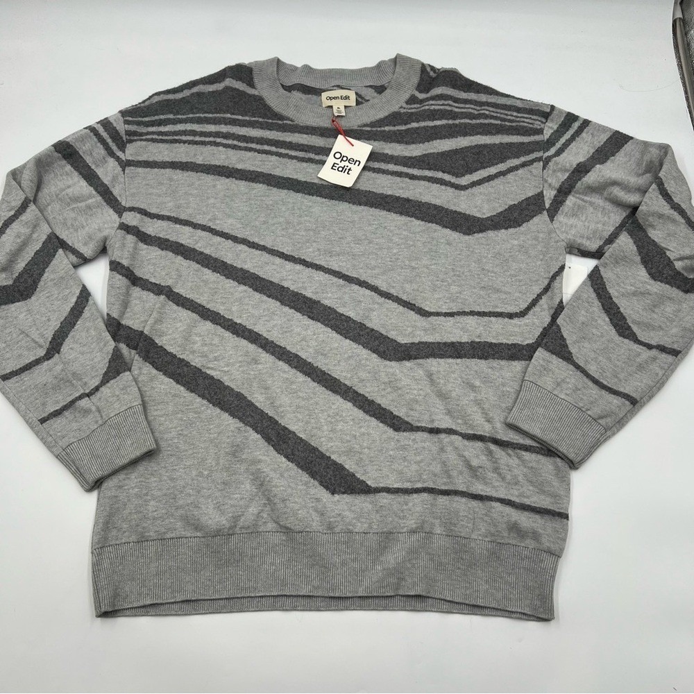Open Edit Mens Grey Abstract Wavy Stripe Crewneck Sweater XL New With Tags‎